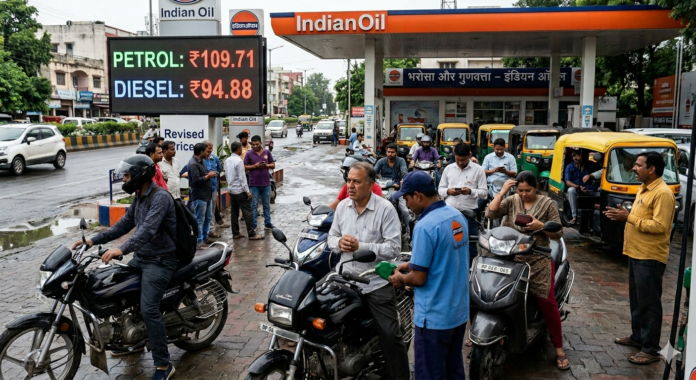 Fuel price hike displayed at a petrol pump in Bhopal after petrol and diesel prices increased by Rs 3 per litre across India.
