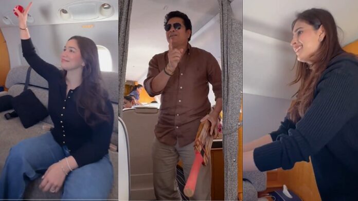 Sachin Tendulkar shares a playful cricket session with family members aboard a private jet in a video that has gone viral on social media.