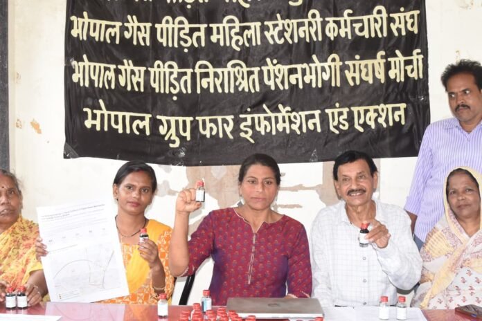 Bhopal Survivor group leaders present a water quality report at a press conference in Bhopal, alleging fecal contamination in tap water near the abandoned Union Carbide factory.