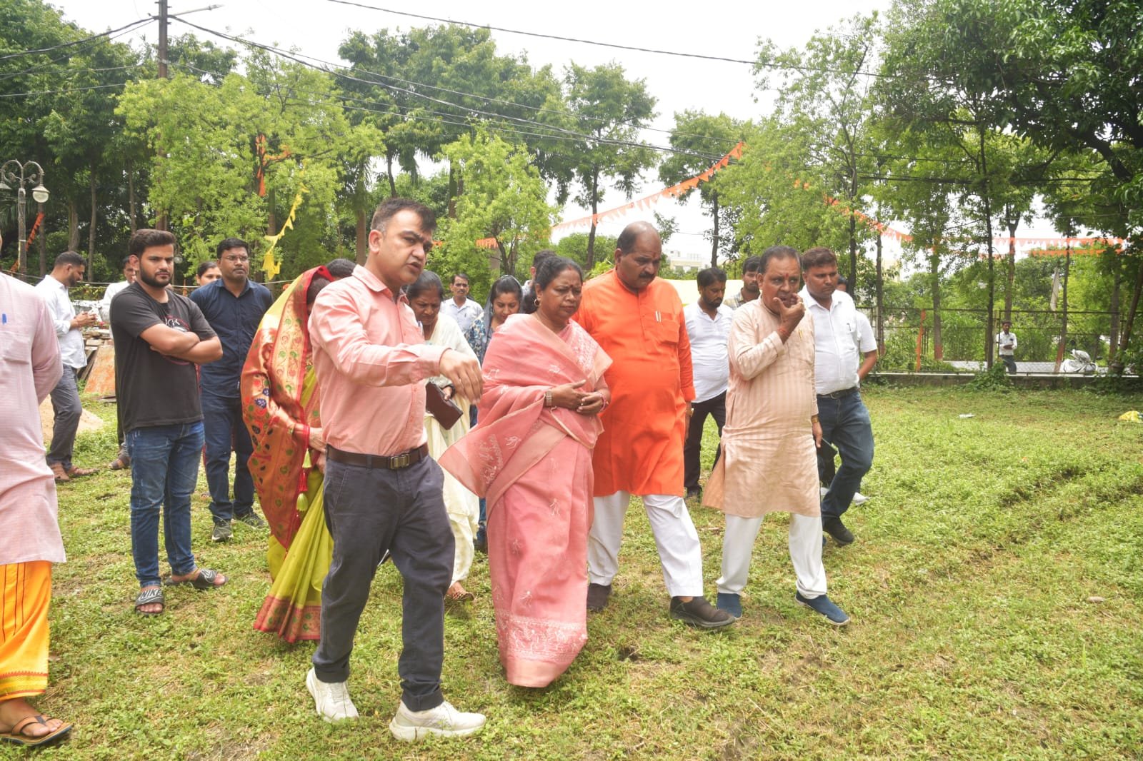Mayor Malti Rai reviewing ramps and stairs at the under-construction cow shelter in Bhopal.