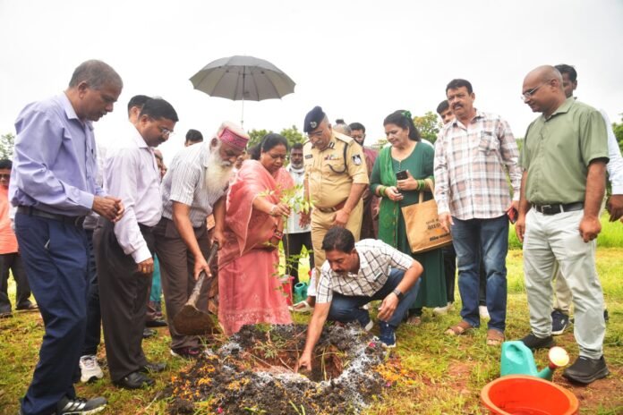 Bhopal Mayor Malti Rai planting a sapling during a tree plantation drive in Bhopal.