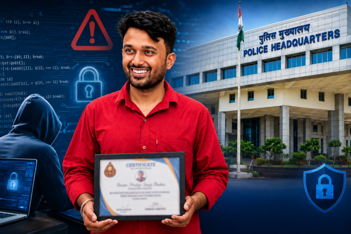 Tejasvi Pratap Singh Thakur honoured by MP State Cyber Police for Safe Click 2.0 contribution.