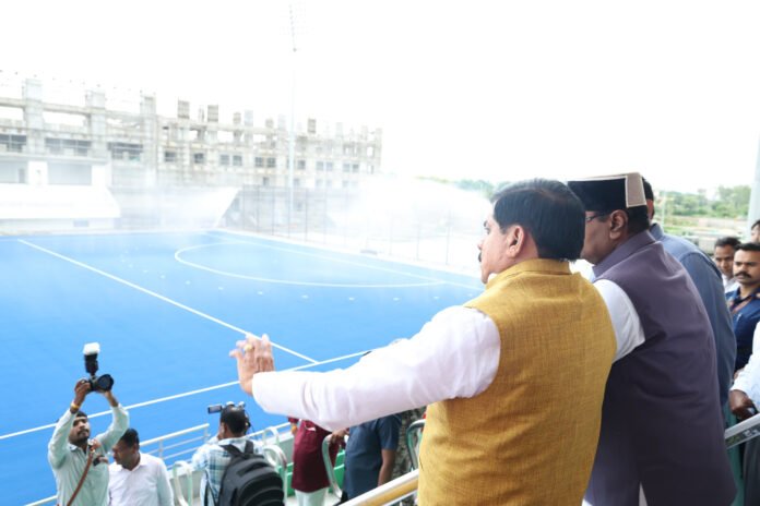 Chief Minister Mohan Yadav inspecting sports infrastructure at the International Sports Complex in Nathu Barkheda, Bhopal.