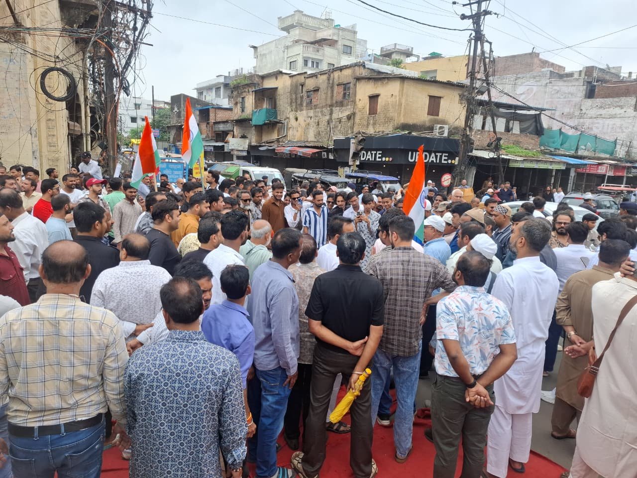 Merchants gather to protest barricades near Moti Masjid in Bhopal.