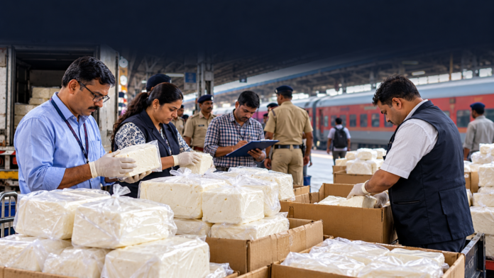 Bhopal railway station food safety inspection showing packaged analogue paneer blocks and officials examining the consignment.