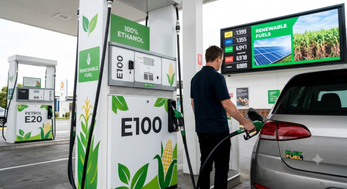 E100 Fuel: A flex-fuel car designed to run on ethanol-based fuel.